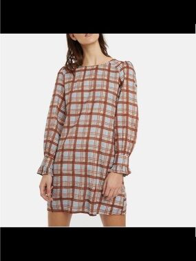 NWT Plaid Long-Sleeve Shift Dress in Brown and Light Blue XL